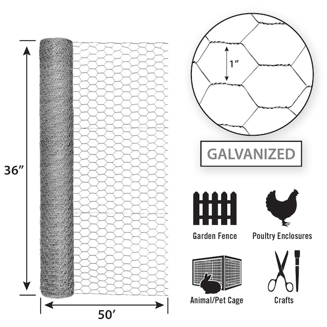 Garden Zone 36in x 50ft Galvanized Chicken Wire with 1in Openings 1IN_3X50FT_20GA