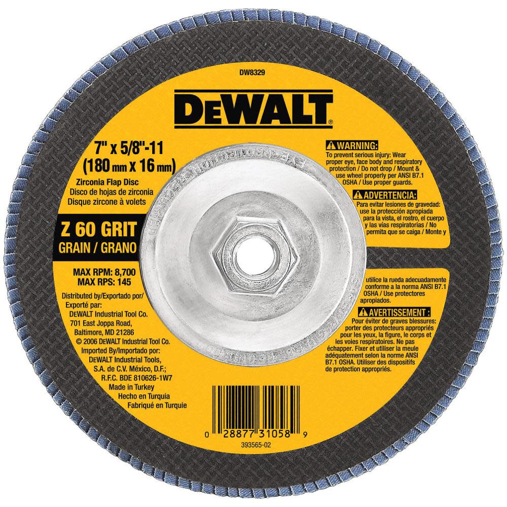 Dewalt 7 IN. X 5/8 IN. 60 Grit HP Zirconia Flap Disc / 60GRIT