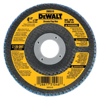 Dewalt 4-1/2 IN. X 7/8 IN. 120 Grit HP Zirconia Flap Disc / 120GRIT