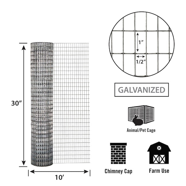 Garden Zone 30in x 10ft Galvanzed Welded Wire Fence with 1/2in x 1in Openings / 5X1IN_2.5X10FT