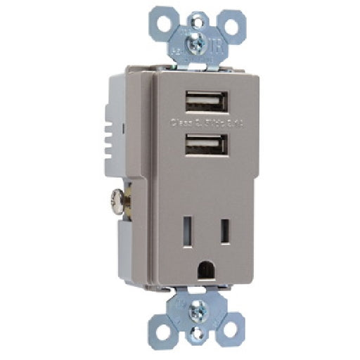 Pass & Seymour 15A Single Receptacle with Two USB Ports, Nickel NICKEL_FINISH