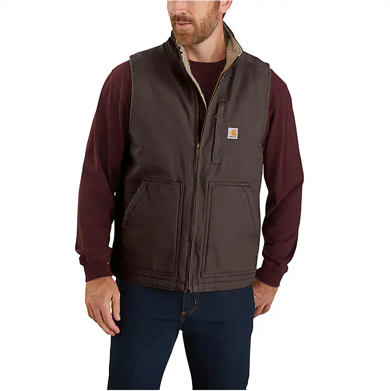 Carhartt Men's Loose Fit Washed Duck Sherpa-lined Mock-neck Vest Dark brown