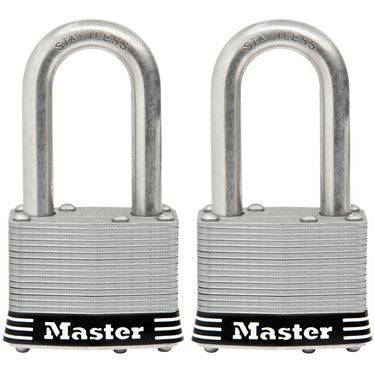 Master Lock Laminated Pin Tumbler Padlock, 1-1/2in Shackle, 2 pack STAINLESS_STEEL