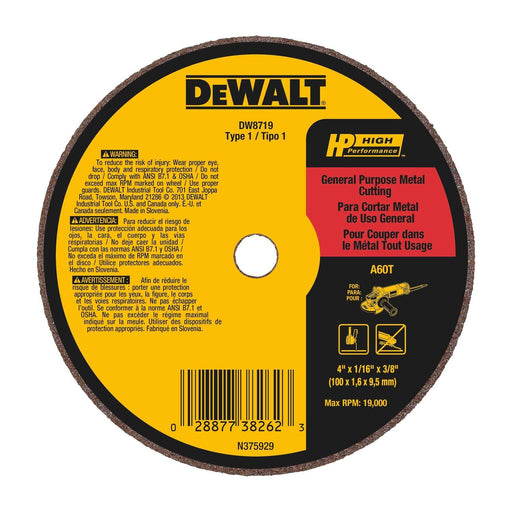 Dewalt 4 IN. X 1/16 IN. X 3/8 IN. HP Aluminum Oxide Cut-Off Wheel Type 1