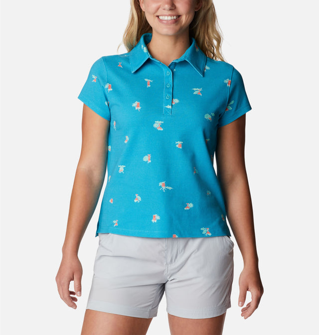 Columbia Women's PFG Super Sun Drifter Short Sleeve Polo Shirt Ocean Teal Keys