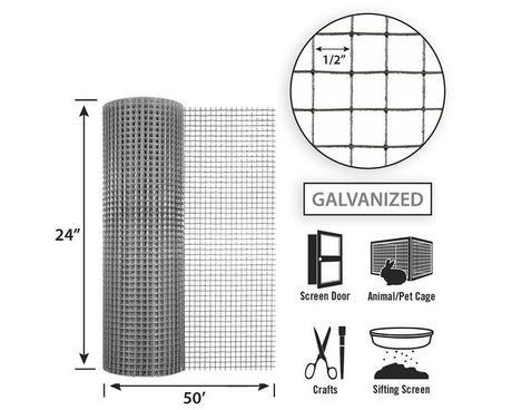 Garden Zone Garden Craft Galvanized Hardware Cloth, 24in x 50ft, 1/2in x 1/2in Openings