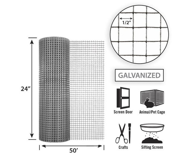 Garden Zone 24in x 50ft Galvanized Hardware Cloth with 1/2in Openings .5_2X50FT_19GA