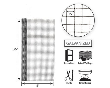 Garden Zone Garden Craft Hardware Cloth, 36in x 5ft, 1/2in x 1/2in Openings