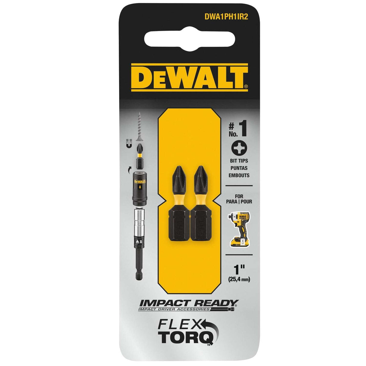 Dewalt FlexTorq Impact Ready Phillips No.1 X 1 IN. Screwdriver Bit - Black Oxide - 2 PACK