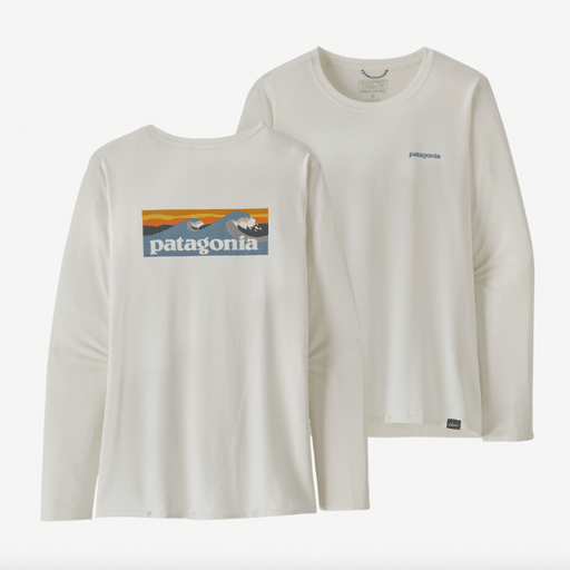 Patagonia Women's Long-Sleeved Capilene Cool Daily Graphic Shirt Boardshort Logo Light Plume Grey: White