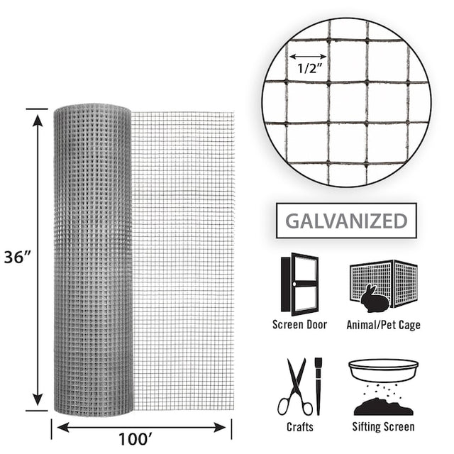 Garden Zone 36in x 100ft Galvanized Hardware Cloth with 1/2in Openings .5IN_3X100FT_19GA