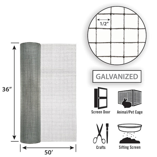 Garden Zone 36in x 50ft Galvanized Hardware Cloth with 1/2in Openings .5_3X50FT_19GA