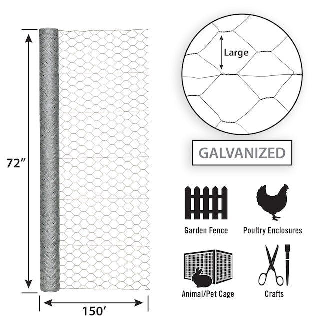 Garden Zone 72in x 150ft Galvanized Chicken Wire with 2in Openings / 2IN_20GA