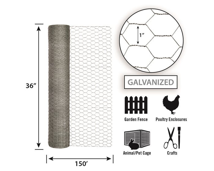 Garden Zone 36in x 150ft Galvanized Chicken Wire with 1in Openings 3X150_1IN_20GA