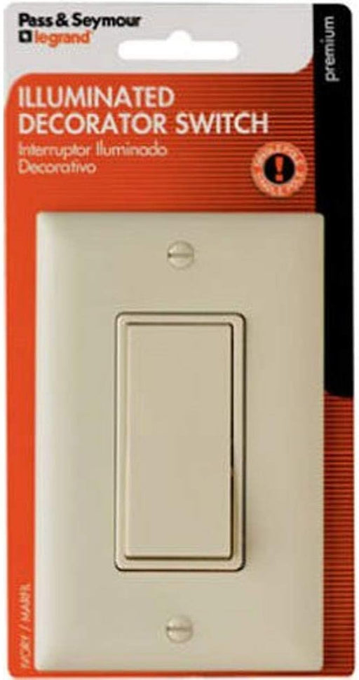 Pass & Seymour 15A 120V Rocker Light Switch, Illuminated, Ivory