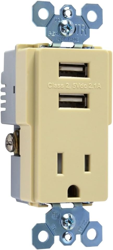 Pass & Seymour 15A Single Receptacle with Two USB Ports, Ivory