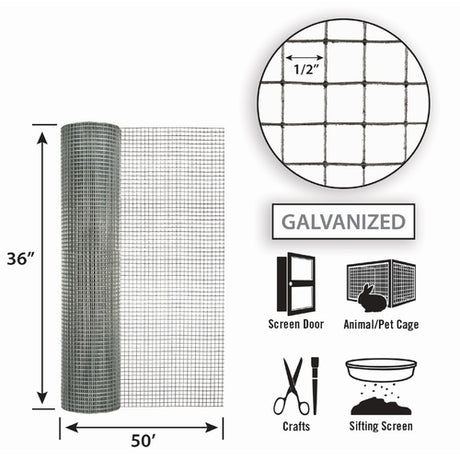 Garden Zone Garden Craft Galvanized Hardware Cloth, 36in x 50ft, 1/2in x 1/2in Openings