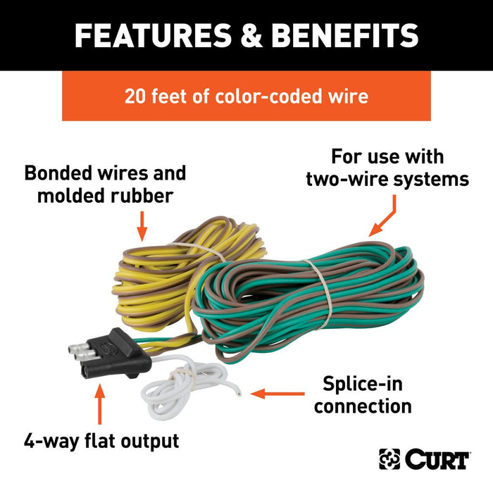 Curt Manufacturing 4-Way Flat Connector For Rewiring Trailer, Includes 20 Foot Wires 4_FLAT