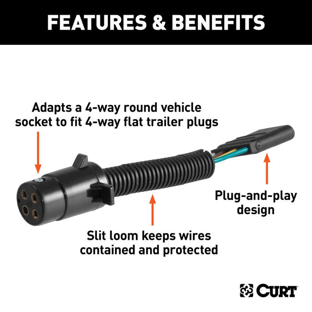 Curt Manufacturing Electrical Adapter, 4-Way Round Vehicle to 4-Way Flat Trailer 4_ROUND_TO_4_FLAT