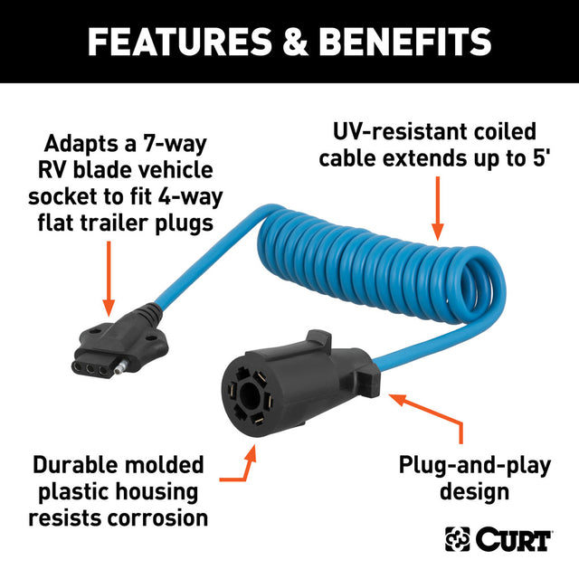 Curt Manufacturing 5 foot Electrical Adapter Harness; 7-Way RV Blade Vehicle to 4-Way Flat Trailer 7_RV