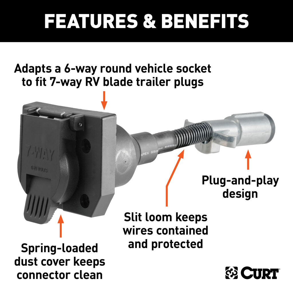 Curt Manufacturing Electrical Adapter, 6-Way Round Vehicle to 7-Way Round RV Blade Trailer 6_ROUND_TO_7_RV