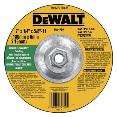 Dewalt 7 IN. x 1/4 IN. x 5/8 IN. to 11 Grinding Wheel