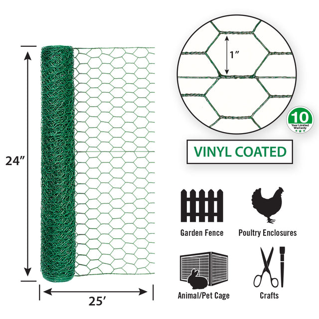 Garden Zone Garden Craft Vinyl Coated Hex Netting, Green, 24in x 25ft, 1in Hexagonal Openings GREEN