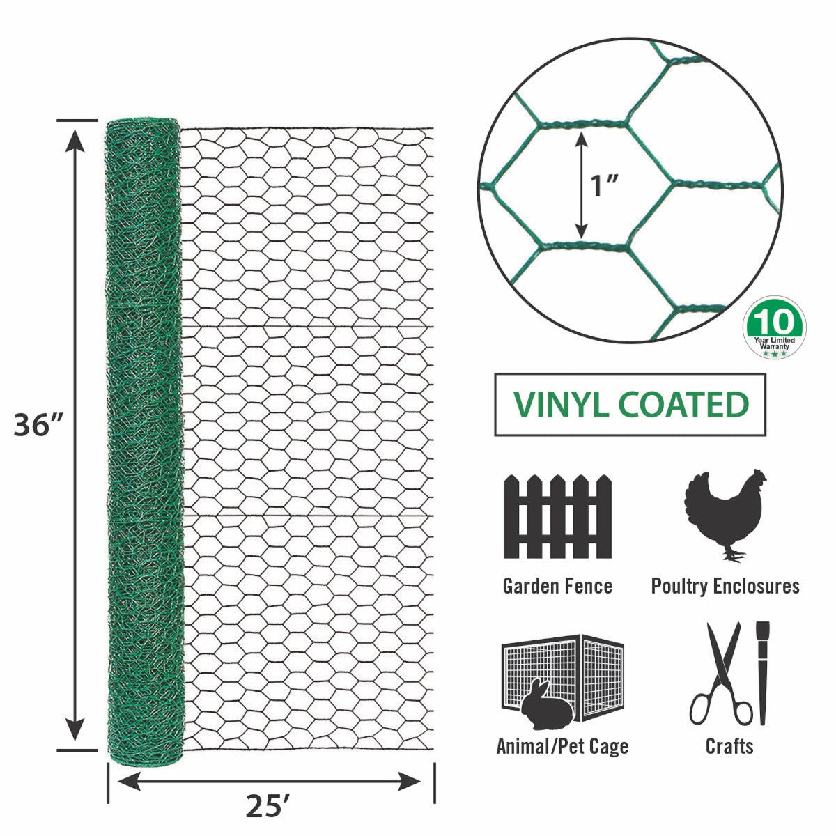 Garden Zone Garden Craft Vinyl Coated Hex Netting, Green, 36in x 25ft, 1in Hexagonal Openings GREEN