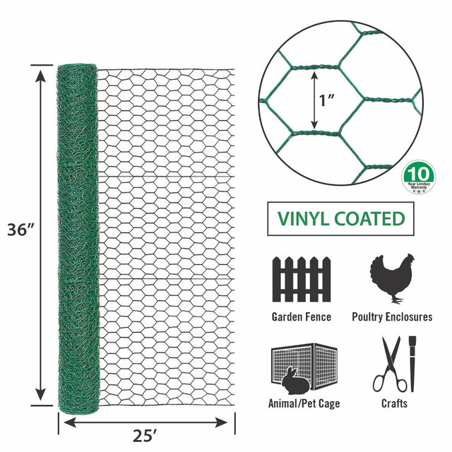 Garden Zone Garden Craft Vinyl Coated Hex Netting, Green, 36in x 25ft, 1in Hexagonal Openings GREEN