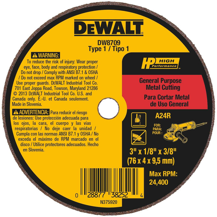 Dewalt 3 IN. X 1/8 IN. X 3/8 IN. HP Aluminum Oxide Cut-Off Wheel Type 1 / 1/8X3/8