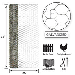 Garden Zone Garden Craft Galvanized Poultry Netting, 36in x 25ft, 1in Hexagonal Openings