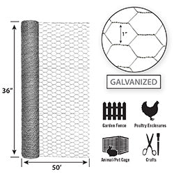 Garden Zone Garden Craft Galvanized Poultry Netting, 36in x 50ft, 1in Hexagonal Openings