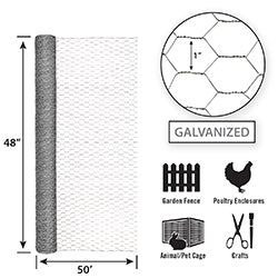 Garden Zone Garden Craft Galvanized Poultry Netting, 48in x 50ft, 1in Hexagonal Openings