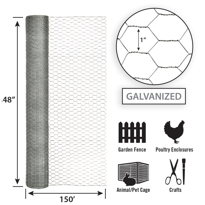 Garden Zone Garden Craft Galvanized Poultry Netting, 48in x 150ft, 1in Hexagonal Openings