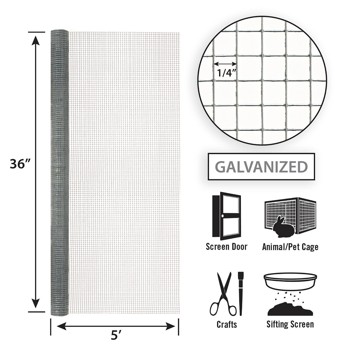 Garden Zone Garden Craft Hardware Cloth, 36in x 5ft, 1/4in x 1/4in Openings