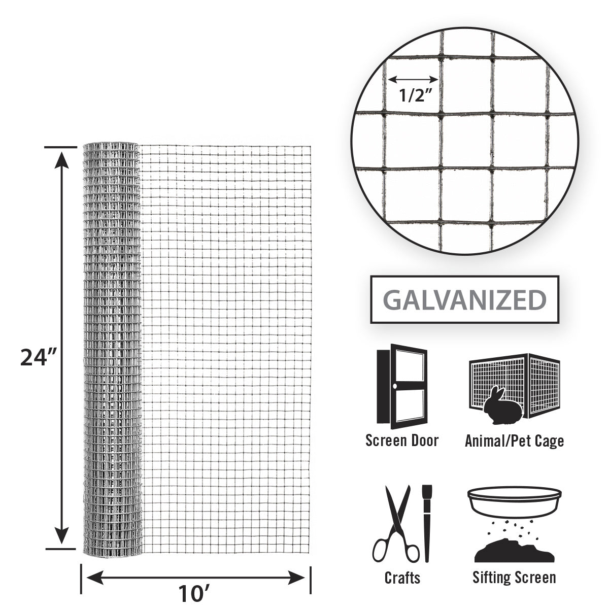 Garden Zone Garden Craft Hardware Cloth, 24in x 10ft, 1/2in x 1/2in Openings