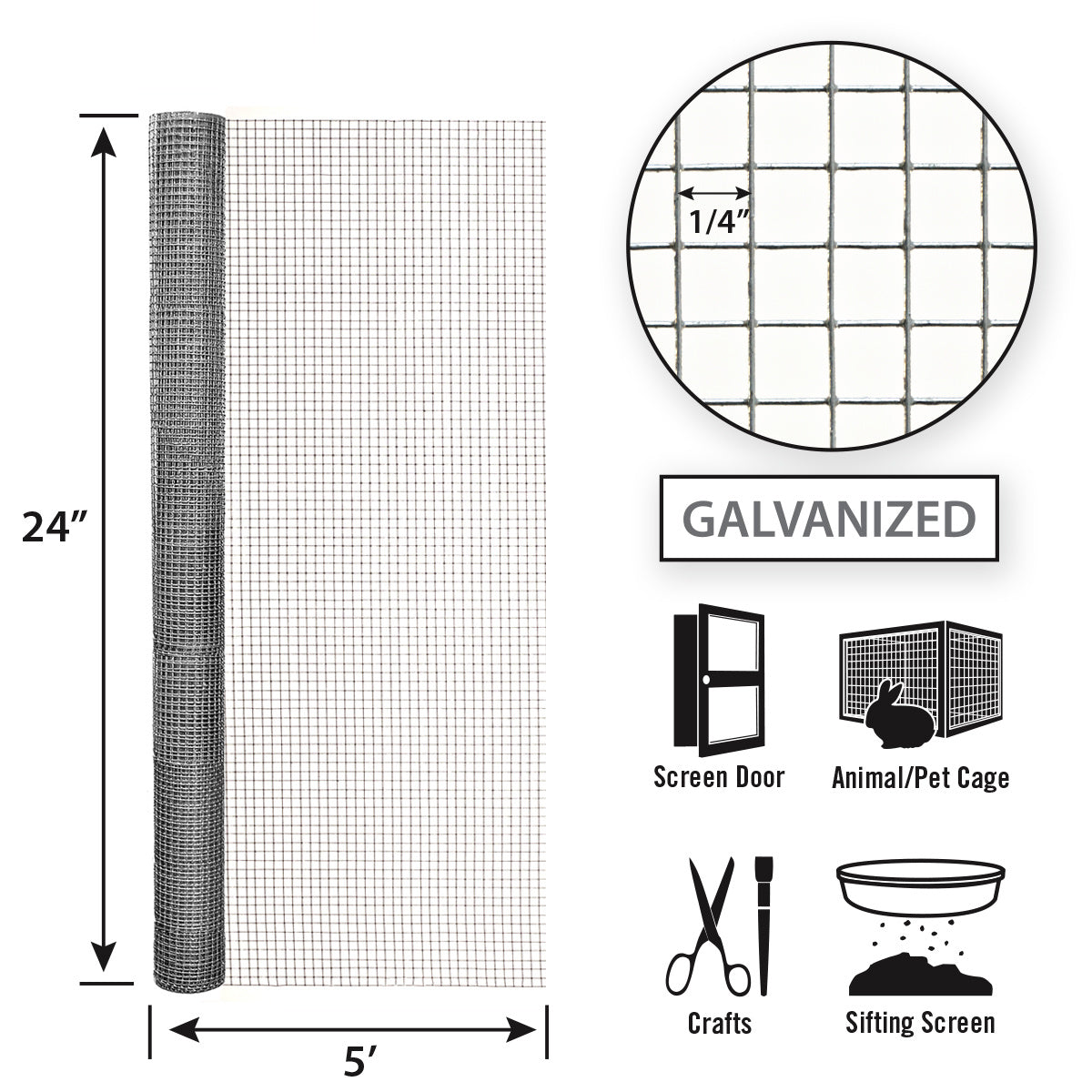 Garden Zone Garden Craft Hardware Cloth, 24in x 5ft, 1/4in x 1/4in Openings