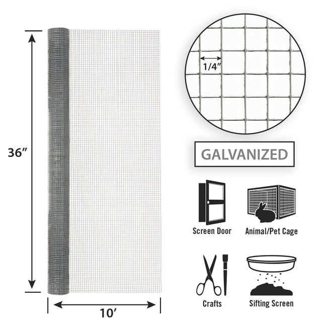 Garden Zone Garden Craft Hardware Cloth, 36in x 10ft, 1/4in x 1/4in Openings