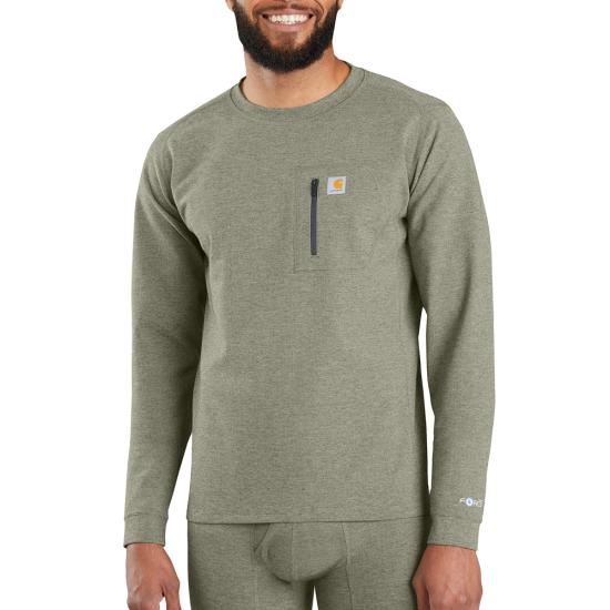 Carhartt Men's Force Heavyweight Heathered Knit Base Layer Crewneck Pocket Top Burnt olive heather