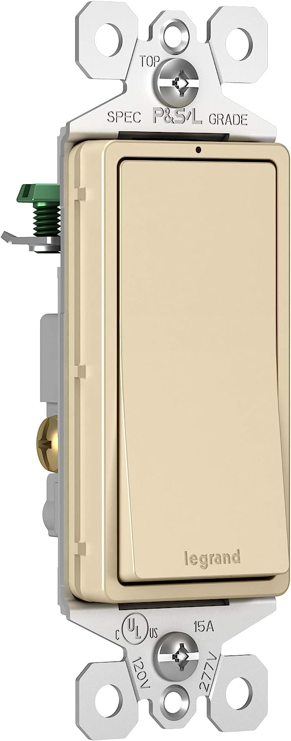 Pass & Seymour 15A 120V Rocker Light Switch with LED Locator Light, Ivory GREEN / 15A