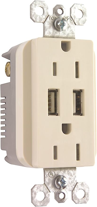 Pass & Seymour 15A 125V Duplex Outlet with 2 USB Chargers, Light Almond