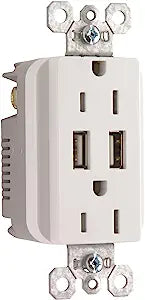 Pass & Seymour 15A 125V Duplex Outlet with 2 USB Chargers, White