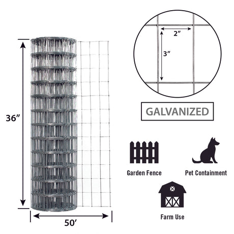 Garden Zone Garden Craft Galvanized Garden Fence, 36in x 50ft, 2in x 3in openings