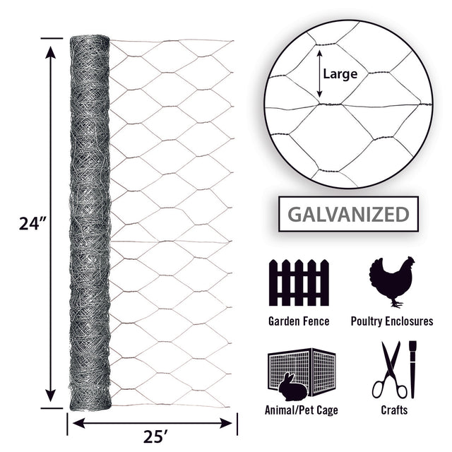 Garden Zone Garden Craft Galvanized Hex Netting, 24in x 25ft, 2in Hexagonal Openings