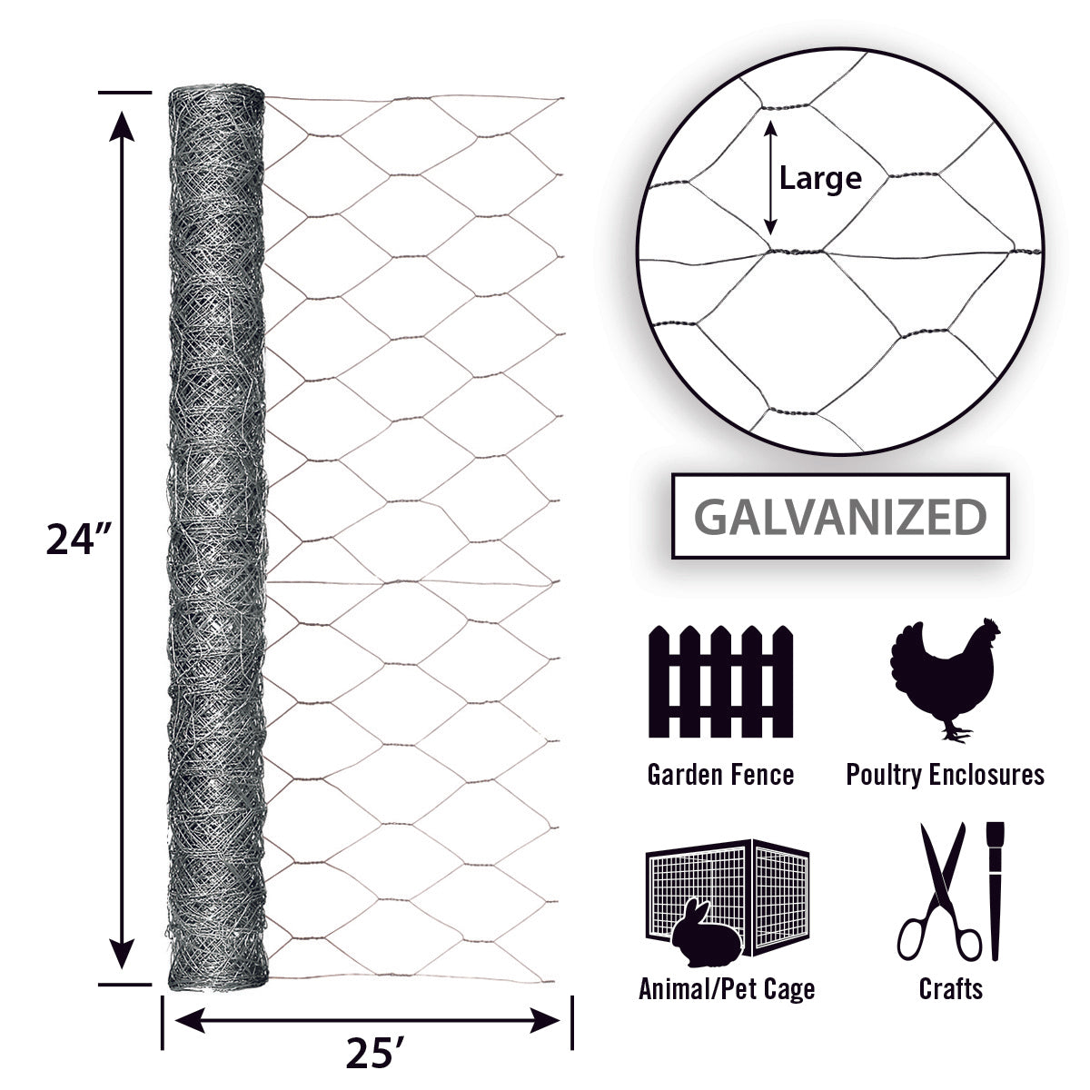 Garden Zone 24in x 25ft Galvanized Chicken Wire with 2in Openings 2IN_2X25FT_20GA