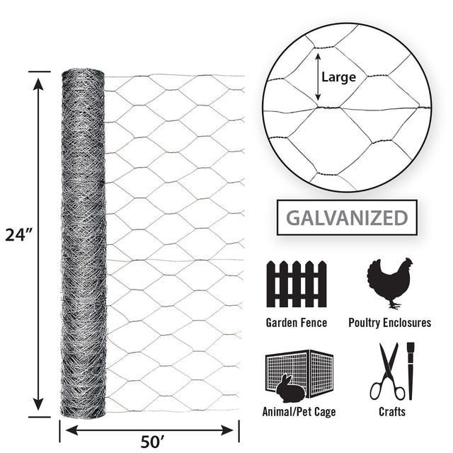 Garden Zone Garden Craft Galvanized Hex Netting, 24in x 50ft, 2in Hexagonal Openings