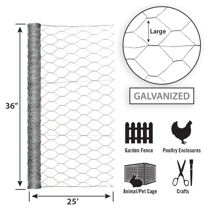 Garden Zone Garden Craft Galvanized Hex Netting, 36in x 25ft, 2in Hexagonal Openings