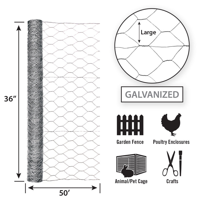 Garden Zone Garden Craft Galvanized Poultry Netting, 36in x 50ft, 2in Hexagonal Openings