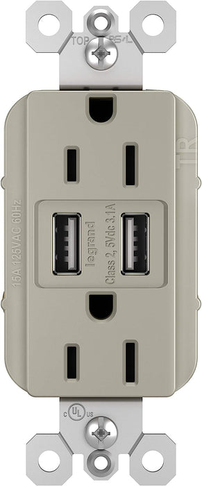 Pass & Seymour 15A 125V Duplex Outlet with 2 USB Chargers, Brushed Nickel NICKEL