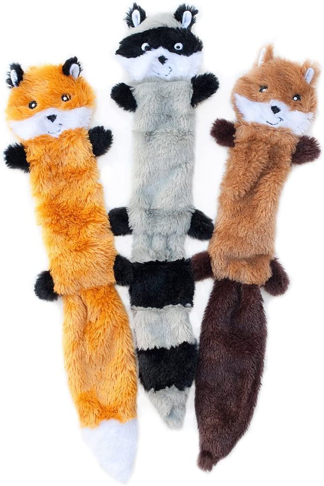 Zippy Paws Skinny Peltz Squeaky Fox, Raccoon, & Squirrel Dog Toys, 3 pack